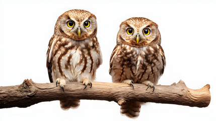 Wall Mural - A pair of wise and alert owls perched on a branch