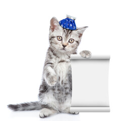 Poster - Sad sick kitten with ice bag or ice pack on his head shows empty list. Isolated on white background