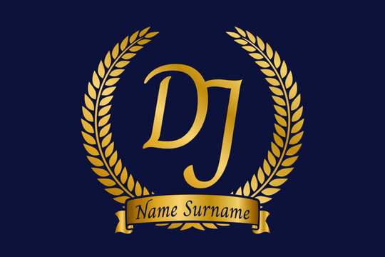 Initial letter D and J, DJ monogram logo design with laurel wreath. Luxury golden calligraphy font.