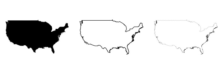 Wall Mural - United States of America country silhouette. Set of 3 high detailed maps. Solid black silhouette, thick black outline and thin black outline. Vector illustration isolated on white background.
