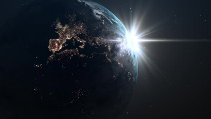 Wall Mural - view from space of a beautiful sunrise over planet earth, the sun rising over europe. night lights o