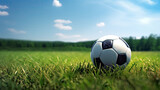 Fototapeta Sport - soccer ball sitting on a wide grass soccer field with a bright blue sky created with Generative AI Technology