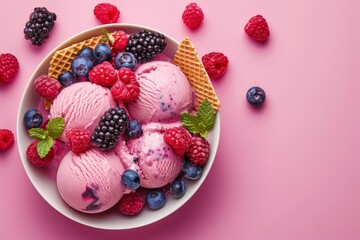 Vanilla ice cream balls with summer berries on pink background, top view. Summer background. Delicious sweet food, summer cold dessert. Raspberries, strawberries, blackberries, blueberries