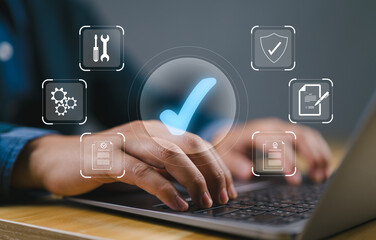 Poster - Service guarantee, clients service, businessman working with guarantee check mark for business automation process, quality assurance management, certification, online shopping, financial ecosystem..