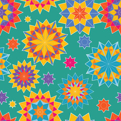 Leinwandbilder - Seamless kaleidoscopic pattern of twinkling stars on a green background. Ideal for creating interesting designs. Ready to print on fabric, paper or any other surface.