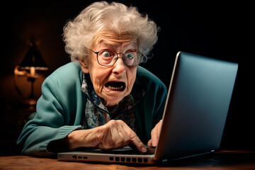 Surprised grandmother with her mouth open close-up sits at a laptop in the evening, house, emotions, portrait