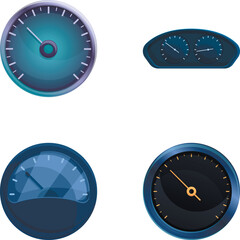 Poster - Car speedometer icons set cartoon vector. Different style of auto speedometer. Speed indicator