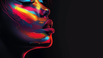 Wall Mural - Abstract portrait of a beautiful black woman with neon disco make up. AI generated image.