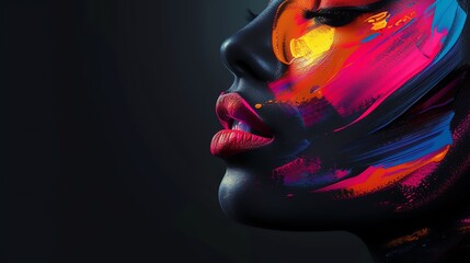 Wall Mural - Abstract portrait of a beautiful black woman with neon disco make up. AI generated image.