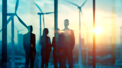 Investors and technician who are out of focus in the foreground are standing in talks about wind turbine power generation, Wind turbine farm is an alternative electricity source for business esg ideas