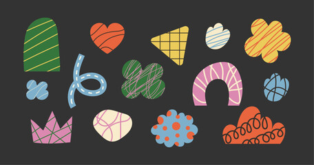 Fototapete - Hand drawn abstract shapes set with doodle textured elements inside in minimal style. Flower, heart, cloud modern icon, collage, illustration on black background. Vector