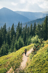 Wall Mural - woman with backpack at trail in mountains