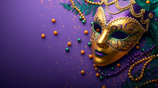 Mardi Gras carnival mask and beads on purple background, copy space, generative ai