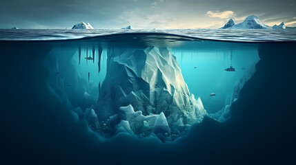 A large part of the iceberg is submerged underwater