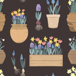 Vintage ceramic pots and wooden box with Spring flowers seamless pattern. Tulips, hyacinths, muscari, daffodils. Hand drawn vector illustration on dark background.