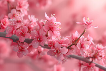 Wall Mural - Blossoming Sakura Tree: Delicate Beauty of Spring's Floral Symphony on a Bright Pink Background