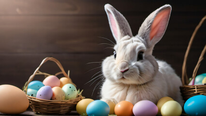 Wall Mural - Photo Of Easter Bunny With Easter Eggs.