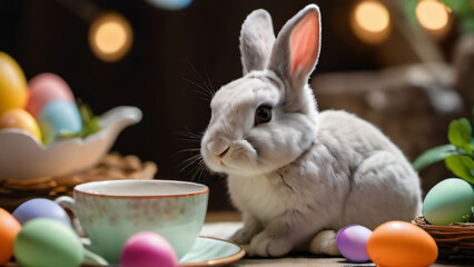 Wall Mural - Photo Of The Easter Bunny Enjoys A Leisurely Tea Time While Surrounded By Colorful Eggs.