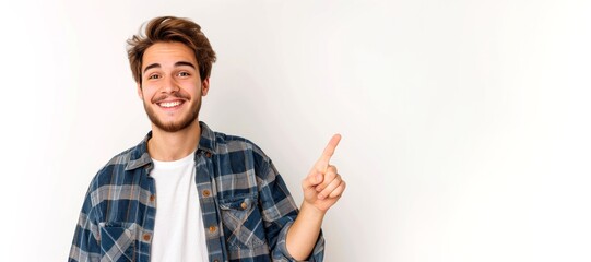 Wall Mural - Studio portrait of young man pointing with finger at blank space