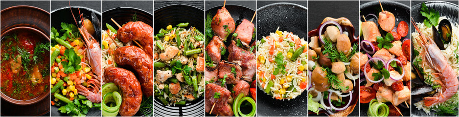 Sticker - A photo collage of vegetables, meat and seafood dishes. A set of dishes in plates. Photo banner for a food site.