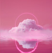 pastel pink background with a cloud in the center of the image, a neon pink laser circles it, perfect symetry vapor wave, grain