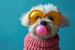retrato de un perro maltés soplando chicle y usando gafas de neón, animales adorables