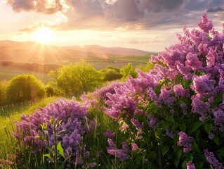 Sunlit scene overlooking the lilac plantation with many lilac blooms, bright rich color, professional nature photo