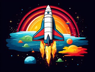 retro space rocket soaring through the galaxy t-shirt design
