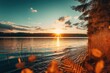 the sun is setting over a lake with leaves on the water, a bright orange sunset is shining over the trees. Generative AI