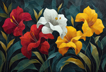 Wall Mural - Nature's Colorful Floral Symphony: A Vibrant Bouquet of Exotic Blossoms on a Retro Tropical Background