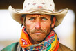 portrait of cowboy with bandana over face