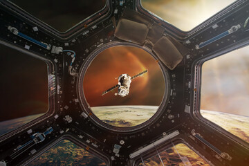 Wall Mural - earth observation from iss porthole and satellite in outer space. elements of earth observation from