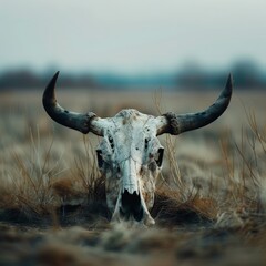 Poster - a skull of a bull with horns in a field