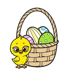 Poster - Cute cartoon chicken with basket with Easter eggs color variation on a white background. Image produced without the use of any form of AI software at any stage