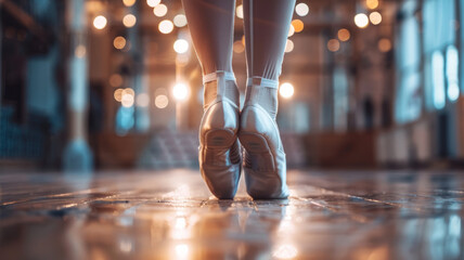Legs of a ballerina performing on stage.