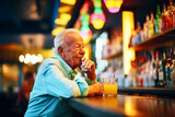 Fototapeta  - fashionable senior sipping cocktail at bar with neon signs