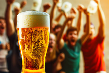 Poster - frothy beer glass, fans cheering behind