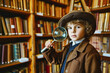 young sleuth with magnifying glass near a bookshelf