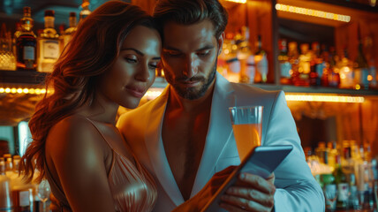 Canvas Print - A man and a woman in evening wear in a bar.