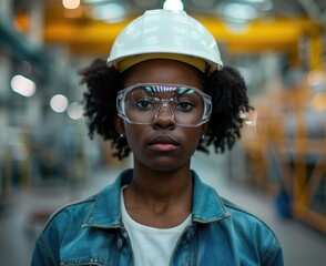 woman standing in the factory wearing hard hat and safety glasses