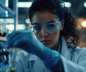 Poster - female scientist looking into test tube, abrasive authenticity