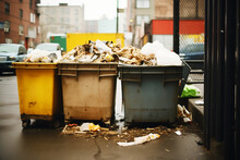 pile of mixed waste in metal dumpsters on urban street