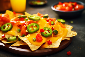 Poster - nachos with melted cheese and jalapenos, closeup