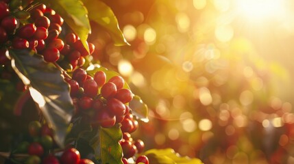 Sunlit scene with ripe coffee beans on the plantation, bright rich color, professional photo