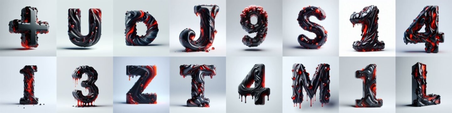 Obsidian and Red glass 3D Lettering Typeface. AI generated illustration