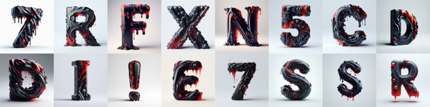 Obsidian and Red glass 3D Lettering Typeface. AI generated illustration