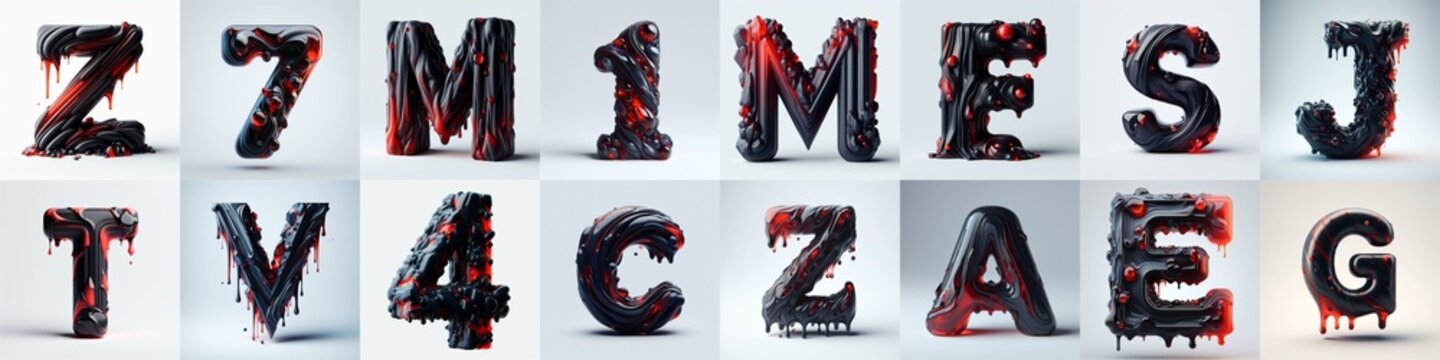 Obsidian and Red glass 3D Lettering Typeface. AI generated illustration