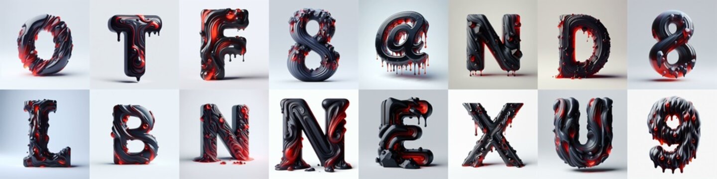 Obsidian and Red glass 3D Lettering Typeface. AI generated illustration