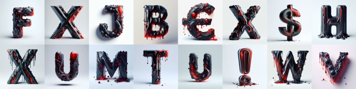 Obsidian and Red glass 3D Lettering Typeface. AI generated illustration