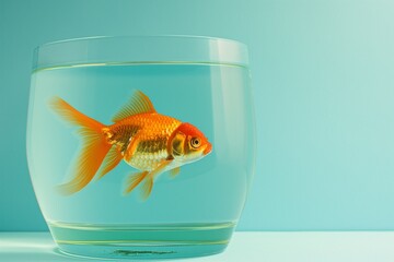 Goldfish in aquarium on blue background, copy space